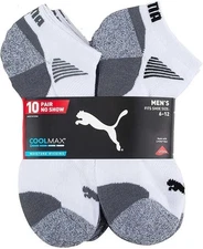 Puma Men's No Show Cool Max 10 Pairs Socks, White, Fits Shoe Size: 6-12