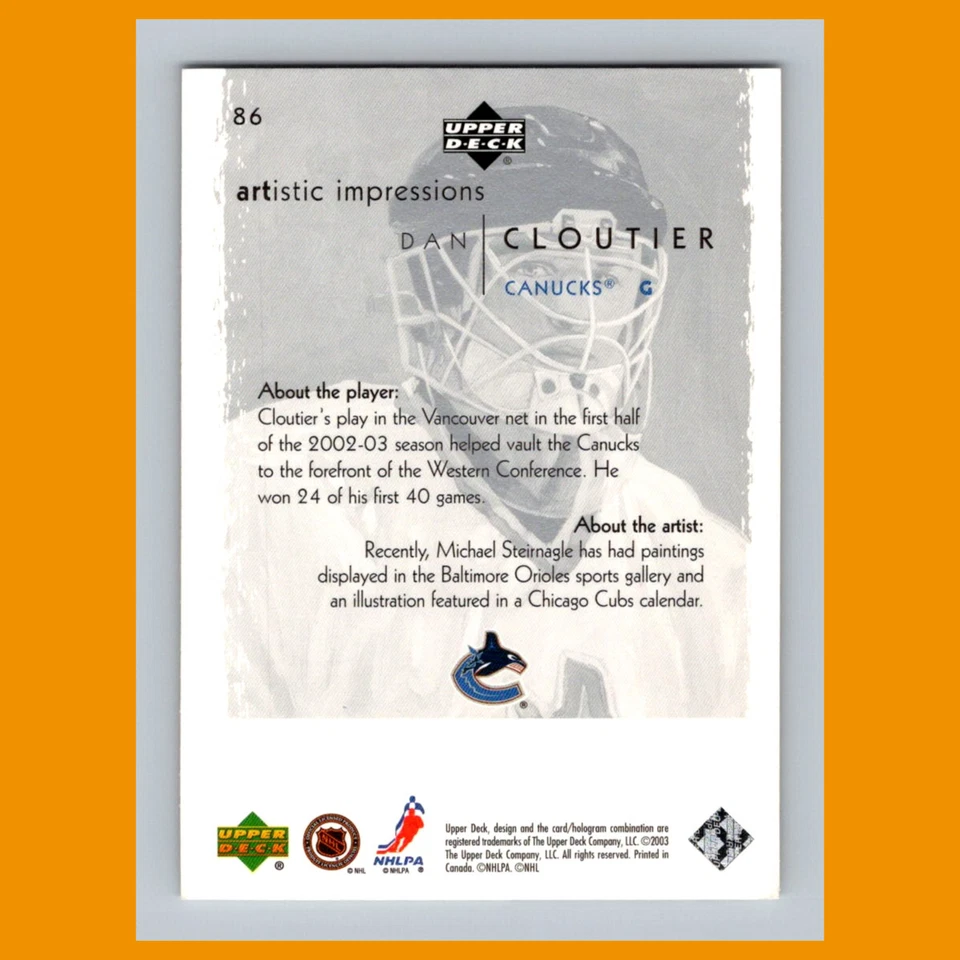 Dan Cloutier #86 2002 UD Artistic Impressions Vancouver Canucks Hockey Card NHL - Image 2 of 3