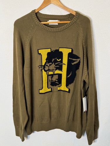Honor The Gift Mens Olive Knit Sweater Size L Panther Mascot 100% Cotton