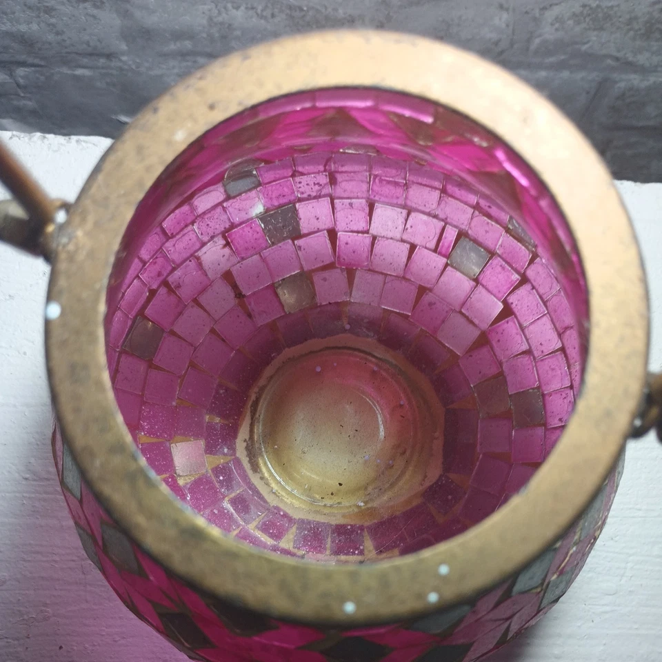 Mirror Glass Mosaic Candle Holder Lantern pink  Globe & Gold Handle - Image 4 of 4