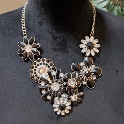 Womens Black and Clear Rhinestone 3D Flower Chunky Necklace with Lobster Clasp