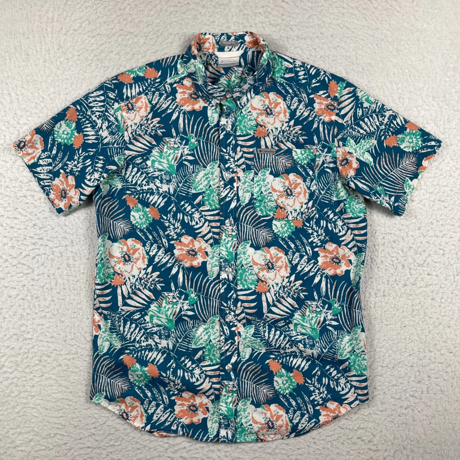 Columbia Button Down Shirt Mens Small Teal Orange Tropical Floral Short Sleeve