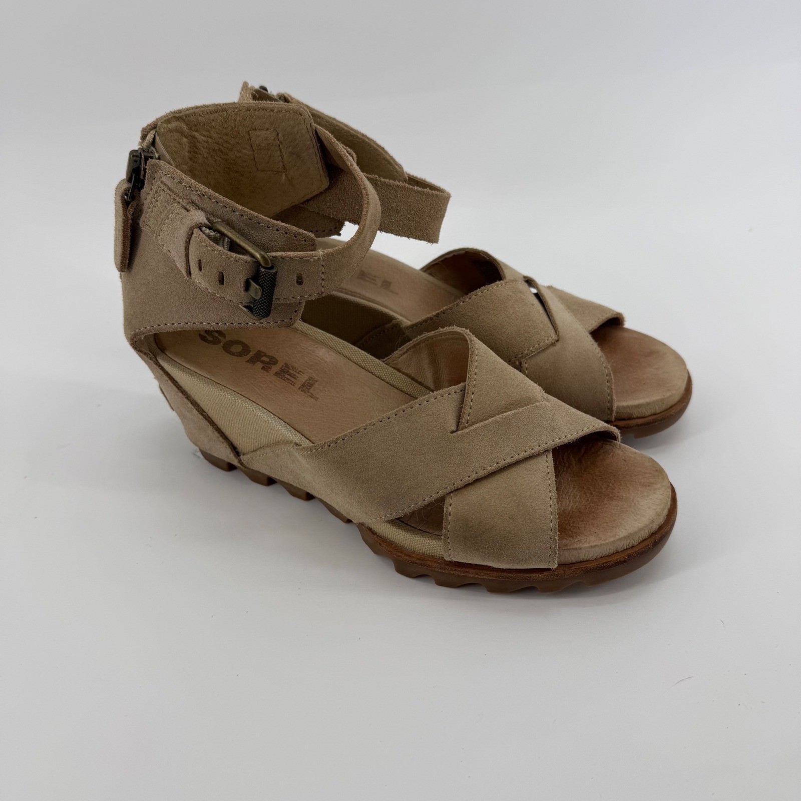 Sorel Joanie II Ankle Strap Wedge Sandals Tan Leather Size 8 Women's