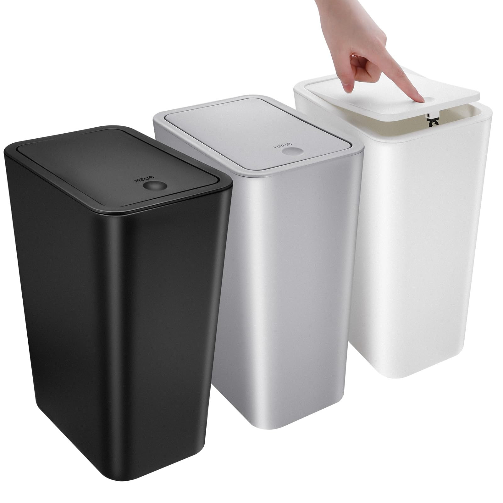 3 Pack Small Bathroom Trash Can with Lid - 10L/2.6 Gallon Slim Garbage Bin, P...