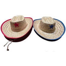 Cowboy Sheriff Woven Straw Hat Kids Red Blue Star Chin Strap