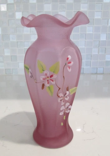 Fenton Style Frosted Purple Glass Vase w/Ruffle Top - Hand Painted - 8" Tall