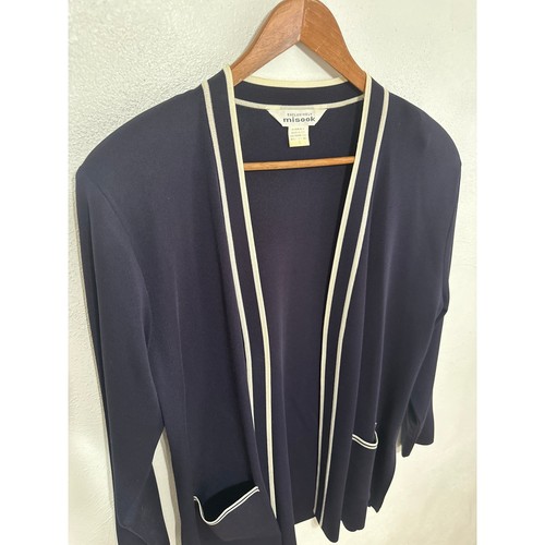 VTG Misook Open Cardigan L Navy White Classic Coastal Nautical Preppy Old Money - Picture 4 of 13