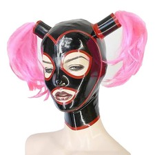 Womens Latex Hood with Double Pink Wig Rubber Mask Cosplay Back Zip Fetish