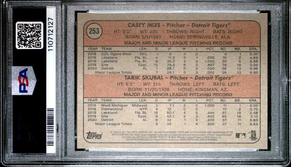 Tarik Skubal Casey Mize 2021 Topps Heritage Black Print Run=50 SSP RC 253 PSA 9 - Image 2 of 3