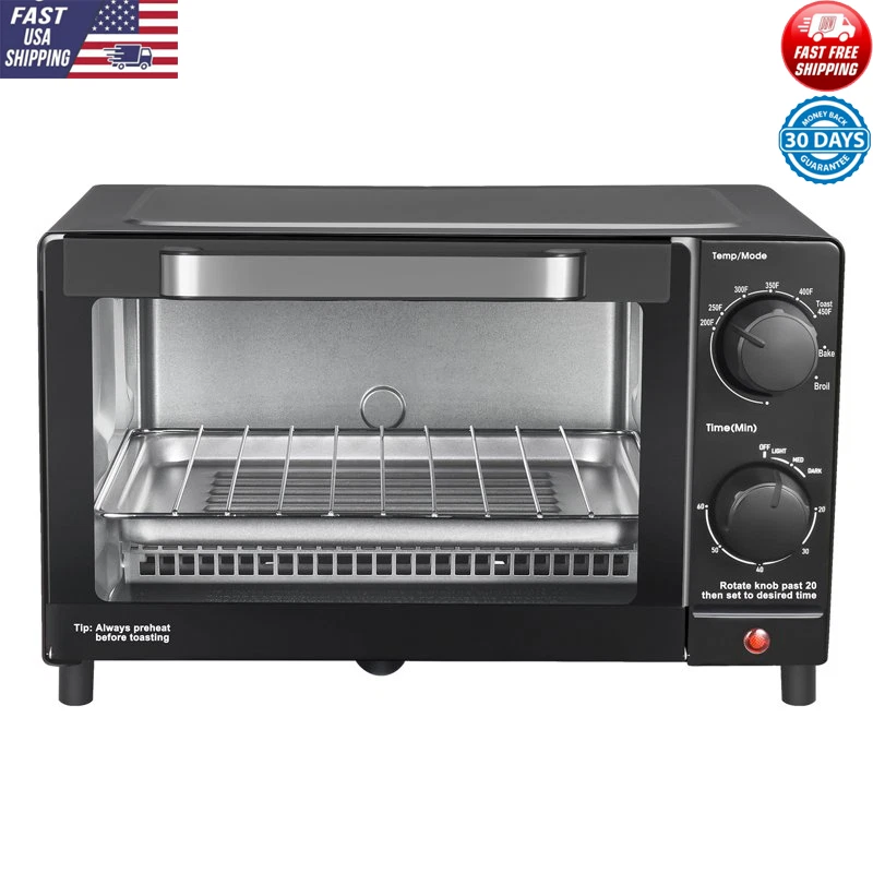 New 4 Slice Toaster Oven Adjustable Timer Bake Broil Toast Includes Rack Pan