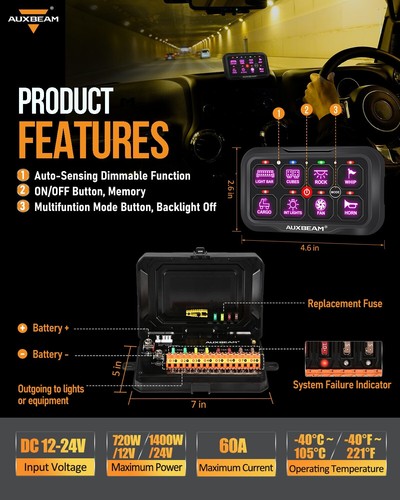 Sistema de relé de panel de interruptor de control remoto/APP AUXBEAM para Jeep 8 velocidades RGB - Imagen 7 de 12