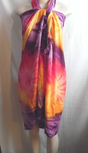 -L PURPLE GOLD PINK WRAP SARONG TIE DYE COVER UP FRINGE EDGE Aprox 63"x 45" #24 - Picture 2 of 7