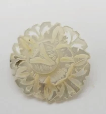 Carved Flower Brooch Bethlehem Mother of Pearl Ornate 1 in Round Vintage 