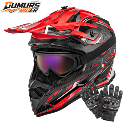Motocross Helmet Dirt Bike ATV DOT Full Face Adult Off Road Black/Red Goggles