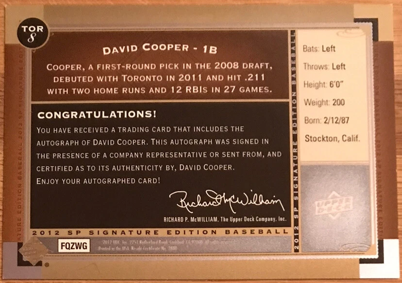 2012 SP Signatures Authentic Autographs David Cooper #TOR-8 Toronto Blue Jays - Image 2 of 2