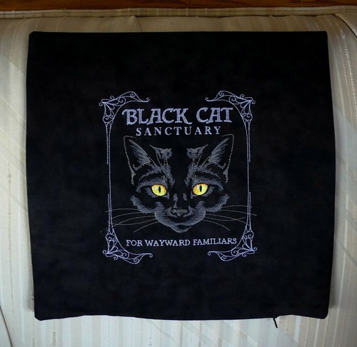 Embroidered Black Cat Halloween Pillow, 13.5x13.5", Zippered opening 2 Options - Picture 2 of 4