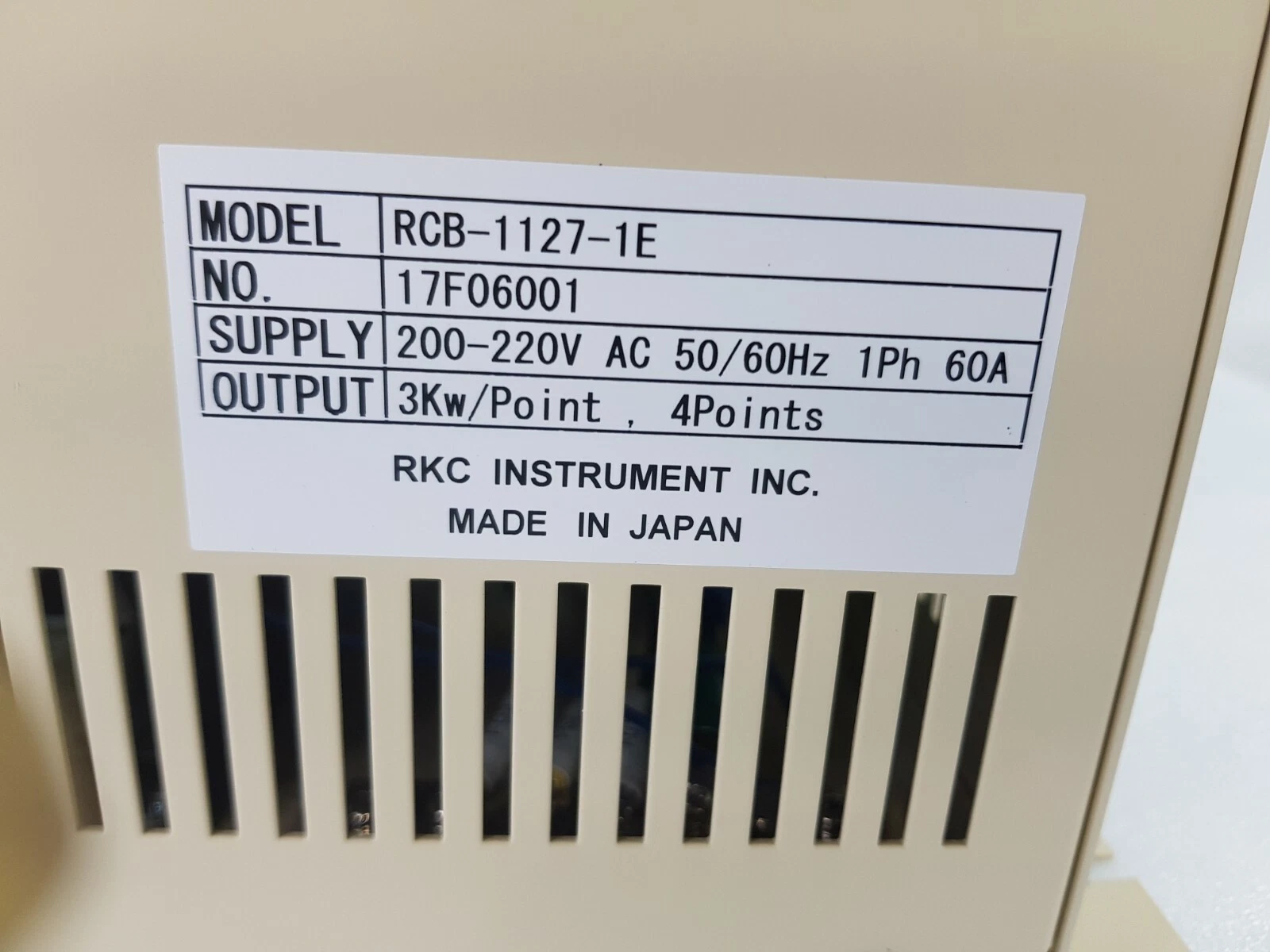 Rating label: RKC RCB-1127-1E, 200-220V AC 50/60Hz 1Ph 60A, 3Kw/Point, 4 Points, Made in Japan