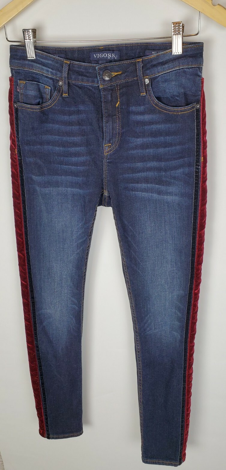 Vigoss Mid Rise Super Skinny Dark Wash Jeans Womens 27 Gothic Red Velvet Stripe