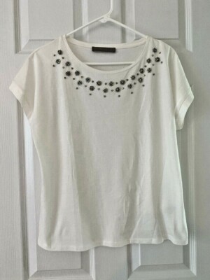 Hallhuber Donna Women's Jeweled Floral Ivory Short Sleeve Top SZ XZ (4)