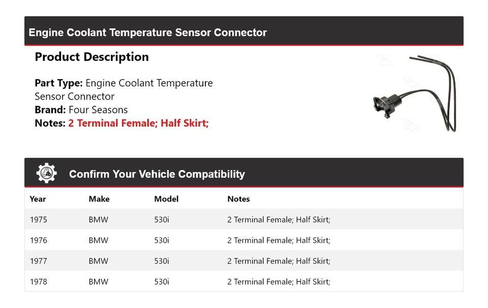 For 1975-1978 BMW 530i Engine Coolant Temperature Sensor Connector 4 Seasons - Image 2 of 4