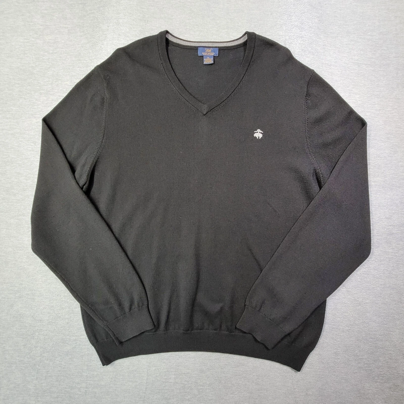 Brooks Brothers Sweater Mens XL Black Solid 346 Merino Wool Stretch V Neck Logo