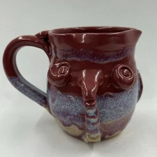 Earthenware Pitcher Art Pottery Drip Glazed Handmade Red Face Owl Bird A2