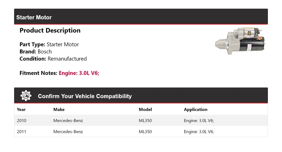 Motor De Arranque Bosch Para Mercedes ML350 2010-2011 3,0 L V6 (Remanufacturado) Foto 2 de 4