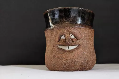 Vtg  Signed Stoneware Pottery Ugly Mug Funny Face Smiling Brown