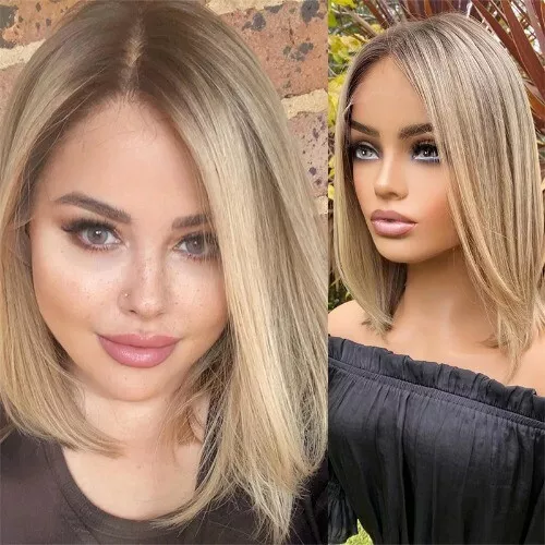 Short Straight Bob Lace Front Wigs Remy Human Hair Wig Dark Ash Blonde Highlight - Picture 1 of 7