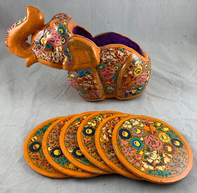 ELEPHANT 6 PIECE COASTER SET ORANGE HAND PAINTED FLORAL PURPLE FABRIC PLASTIC