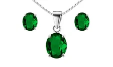 925 Sterling Silver Emerald Oval Cut Pendant Necklace and Earring Set For Women