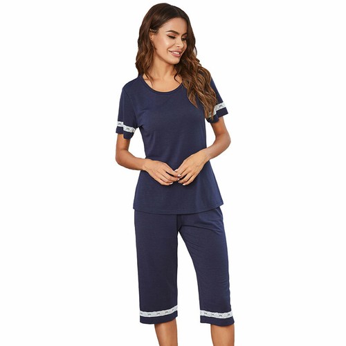 Women's Pajama Set Lace T-shirt and Pants Cotton Sleepwear Comfy Loungewear Pjs - Picture 5 of 9
