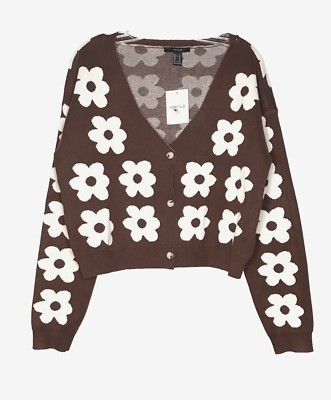 Forever 21 Floral Daisy Cropped Cardigan Sweater Women's XL Brown Cream