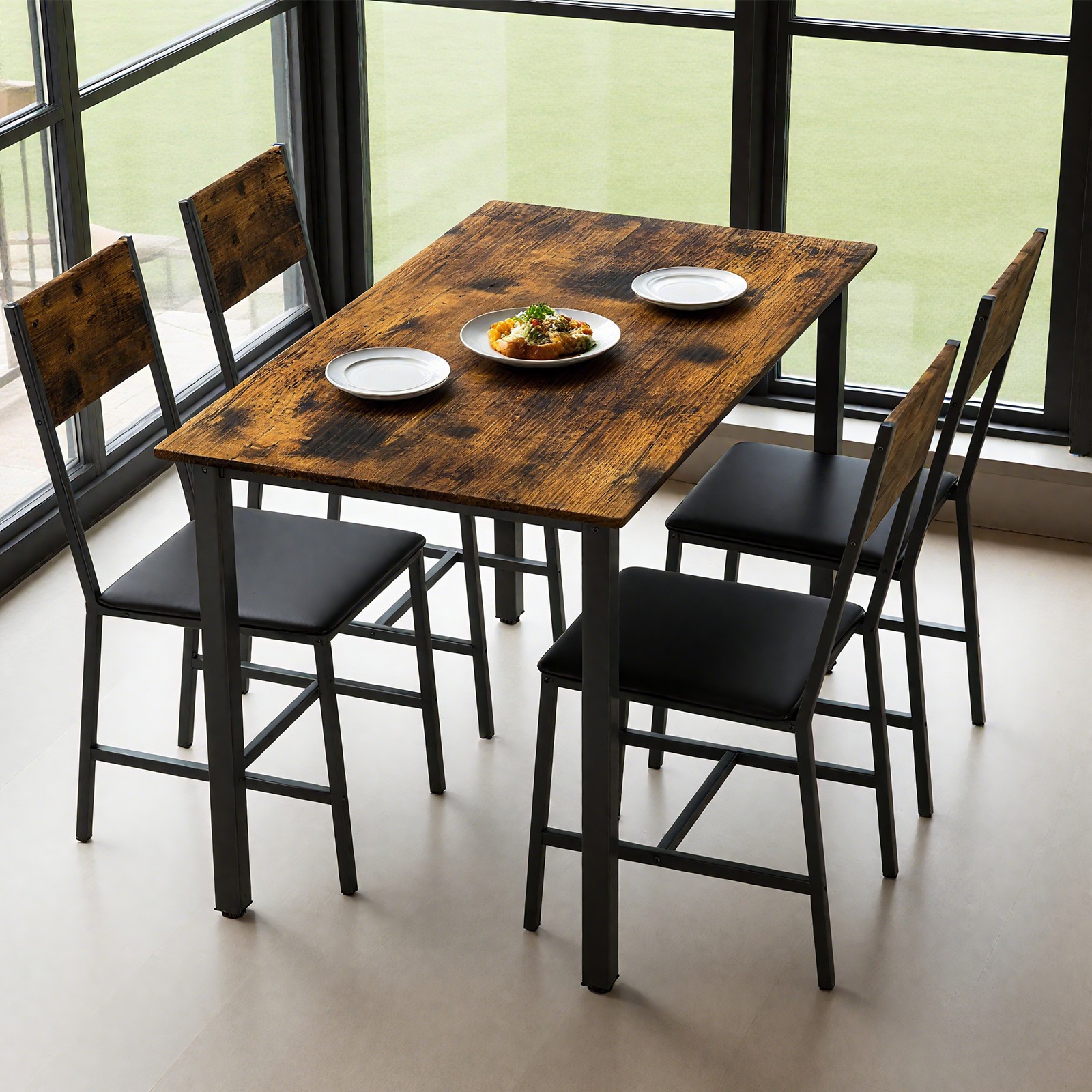 5 Piece Metal and Wood Indoor Modern Dinning Table Furniture Set for 4, Dining T