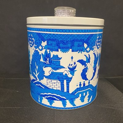 Blue Willow 1960s Litho Print Blue Magic Krispy Kan Cracker Canister Tin Can Vtg