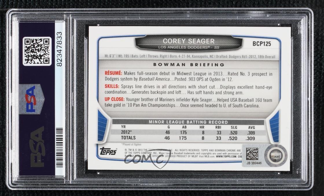 2013 Bowman Chrome Prospects Corey Seager PSA/DNA Authentic Auto view 2
