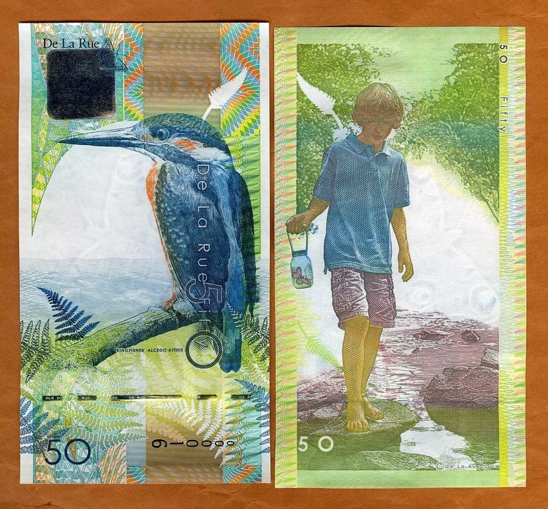 Thomas De La Rue, TDLR test, advertising note, 50 Kingfisher, UNC