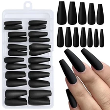120Pcs Black Press on Nails Long Coffin Fake Nails with Glue & Adhesive Tabs, Fu