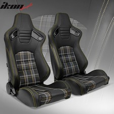 Universal Reclinable Racing Seat 2pc Dual Slider Pu Carbon Leather Yellow Plaid