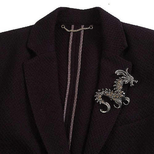 90mm Long/ Grey/ Black Crystal Chinese Dragon Large Brooch in Aged Silver Tone - Picture 3 of 6