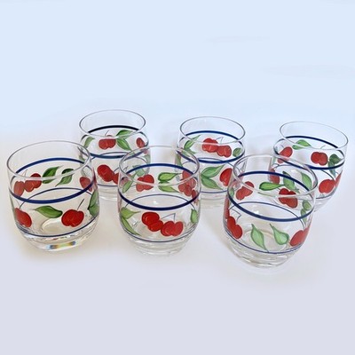 Vintage Dansk Morello Cherry Short Tumblers Glasses Set of 6 Hand Painted