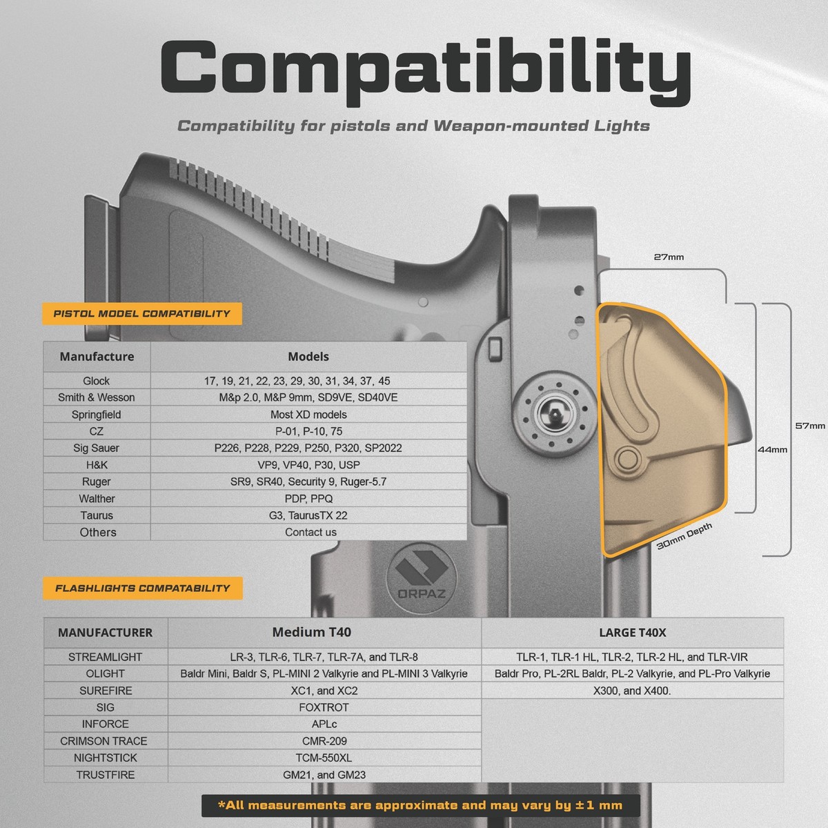 Orpaz T40 Light Bearing Holster Compatible w/Glock 30 Holster w