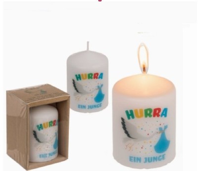 Stumpenkerze, Hurra ein Junge,Geschenkartikel zur Geburt, Taufe für Jungen,6x8cm