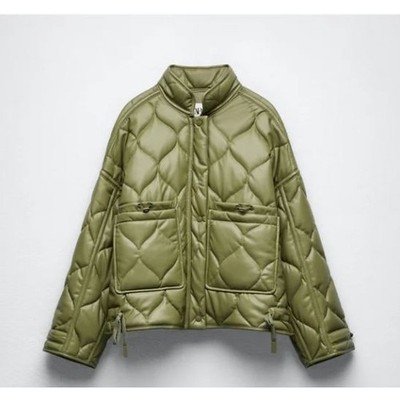 Zara Oversized Green Army Faux Leather Quilted Bomber Jacket Small