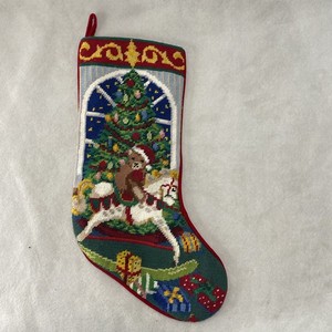 Vintage Wool Red Velvet Needlepoint Christmas Stocking Teddy Bear Rocking Horse