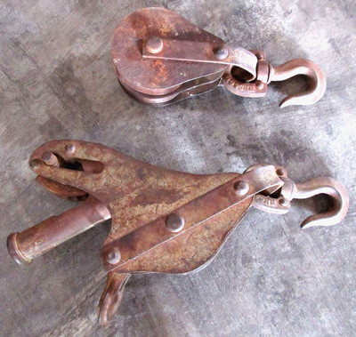 2 Vintage Double Wheel Pulleys Block & Tackles Metal with Swivel Hooks