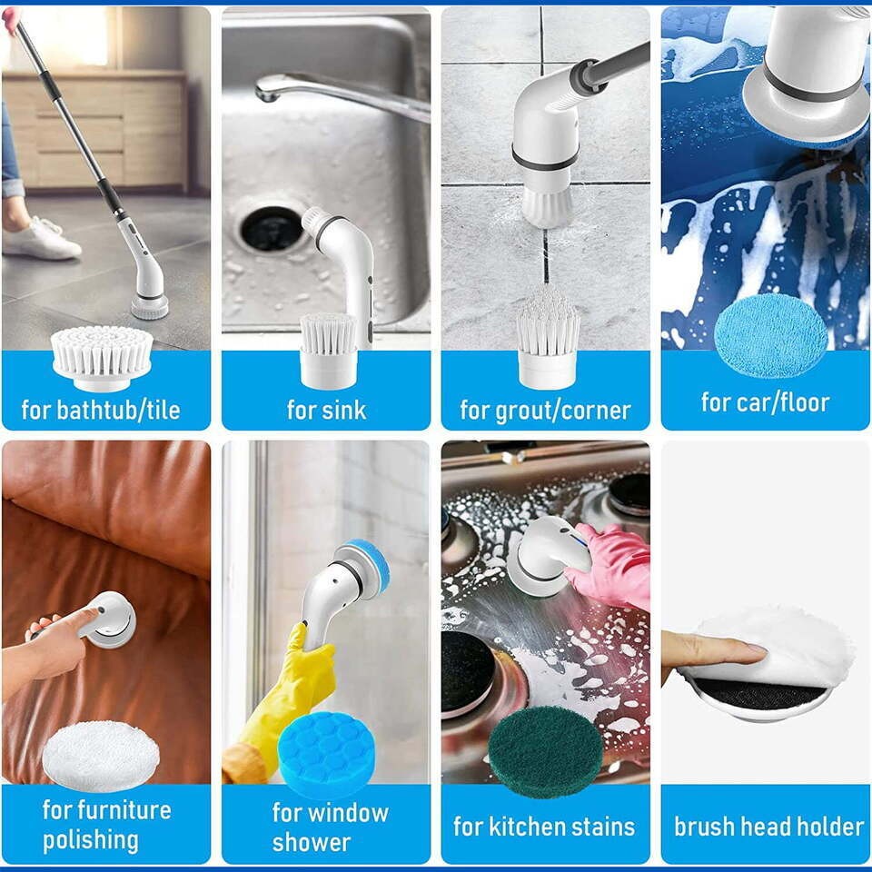 Electric Spin Scrubber Cordless Cleaning Brush 8 Heads Adjustable Long Handle