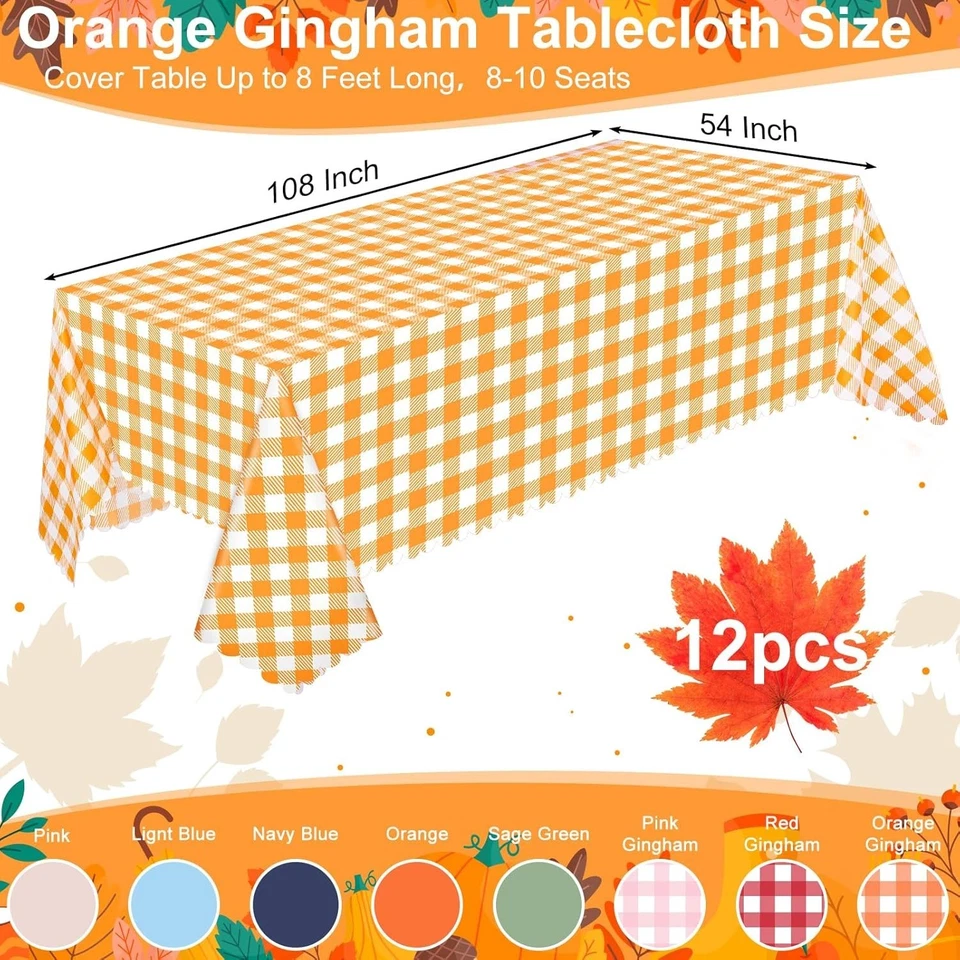 12 Pack Fall Orange Gingham Tablecloth, 54 X 108Inch Plastic Orange Checkered .. - Image 3 of 4