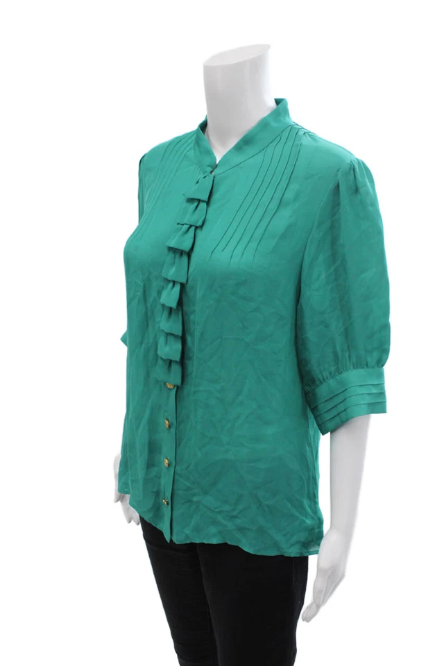 Blusa Walter Mujer Seda Plisada Detalle Volantes Manga Corta Verde Talla 10 Foto 2 de 4
