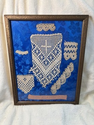 Antique/Vintage Framed Sampler Collection Of Crocheted Thread Motifs / Lace Trim